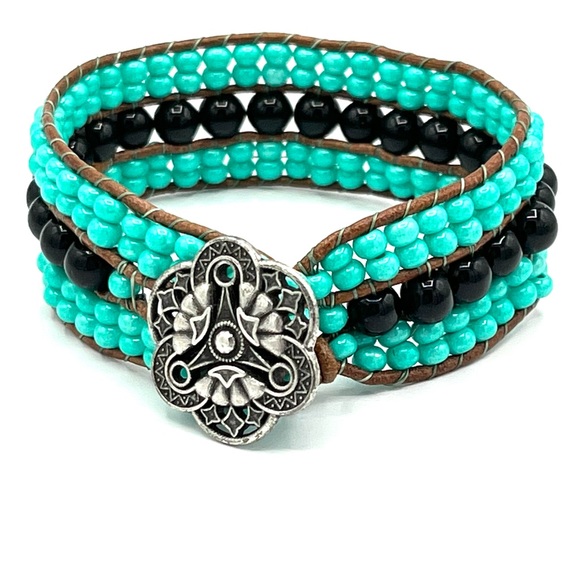 Hand Crafted Jewelry - HAND CRAFTED Turquoise and Black Onyx Triple Cuff Leather Bracelet